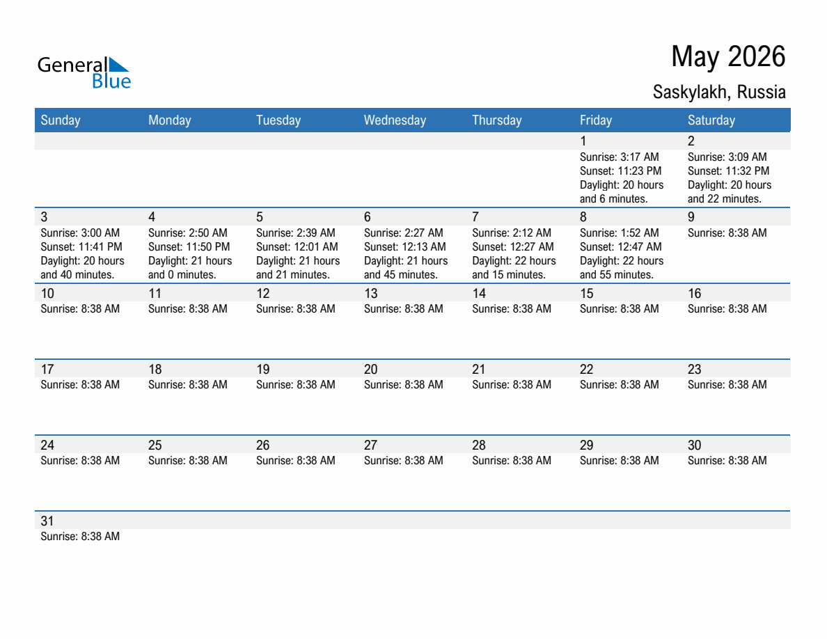 May 2026 sunrise and sunset calendar for Saskylakh