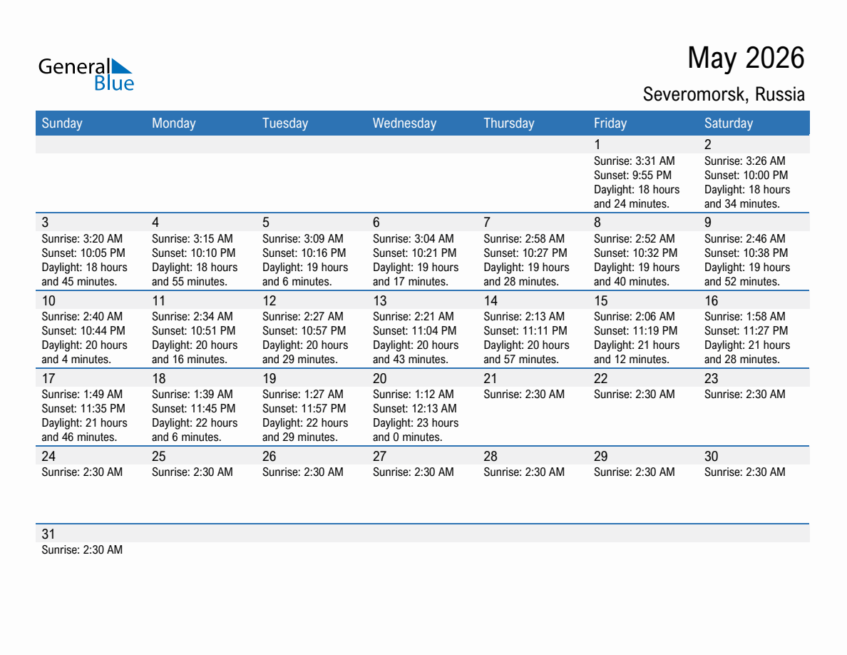 May 2026 sunrise and sunset calendar for Severomorsk