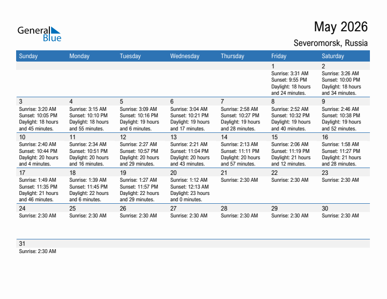 Severomorsk May 2026 sunrise and sunset calendar in PDF, Excel, and Word