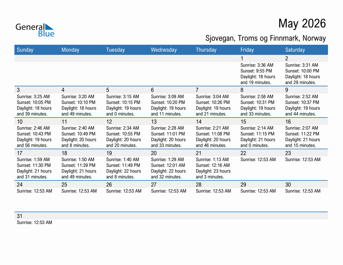 May 2026 sunrise and sunset calendar for Sjovegan