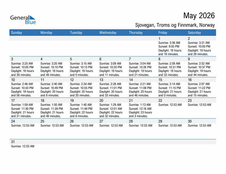 Sjovegan May 2026 sunrise and sunset calendar in PDF, Excel, and Word