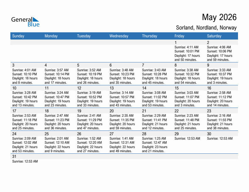 Sorland May 2026 sunrise and sunset calendar in PDF, Excel, and Word