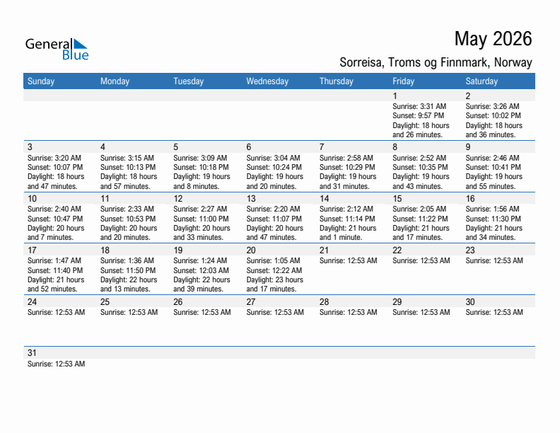 Sorreisa May 2026 sunrise and sunset calendar in PDF, Excel, and Word