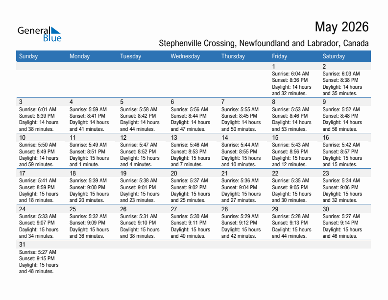Stephenville Crossing May 2026 sunrise and sunset calendar in PDF, Excel, and Word