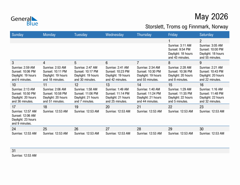 Storslett May 2026 sunrise and sunset calendar in PDF, Excel, and Word
