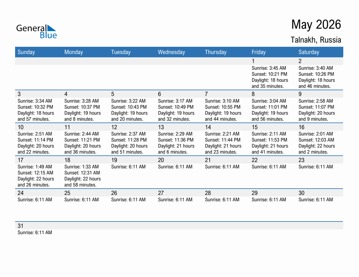 May 2026 sunrise and sunset calendar for Talnakh
