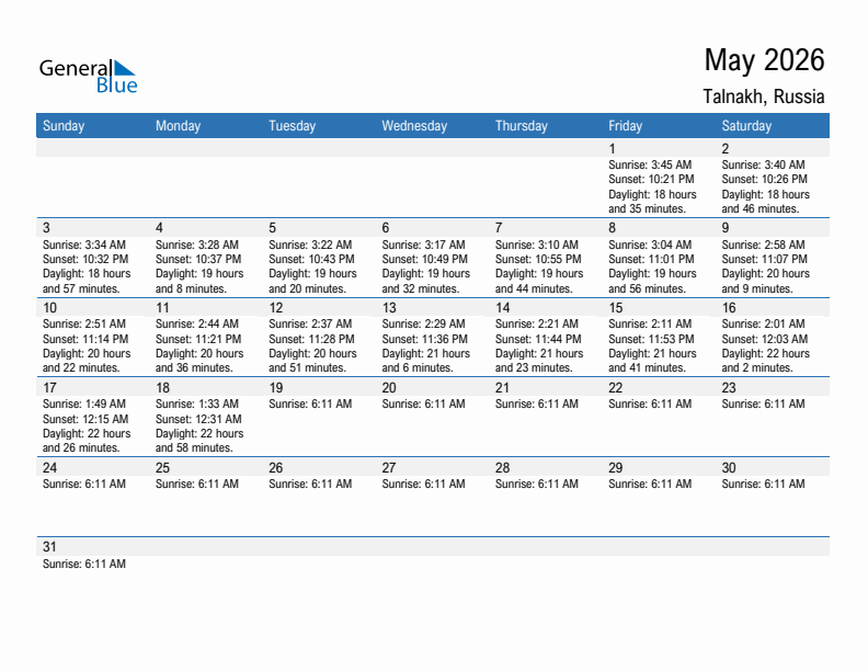 Talnakh May 2026 sunrise and sunset calendar in PDF, Excel, and Word