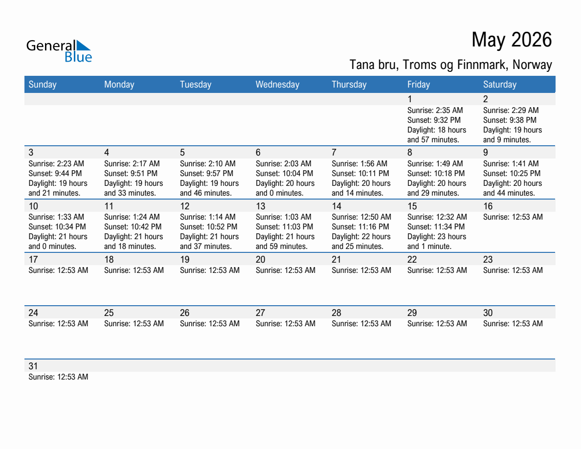 May 2026 sunrise and sunset calendar for Tana bru