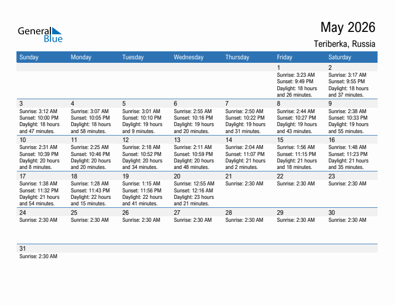 Teriberka May 2026 sunrise and sunset calendar in PDF, Excel, and Word