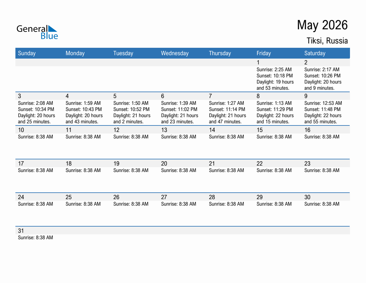 May 2026 sunrise and sunset calendar for Tiksi