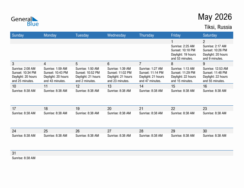 Tiksi May 2026 sunrise and sunset calendar in PDF, Excel, and Word