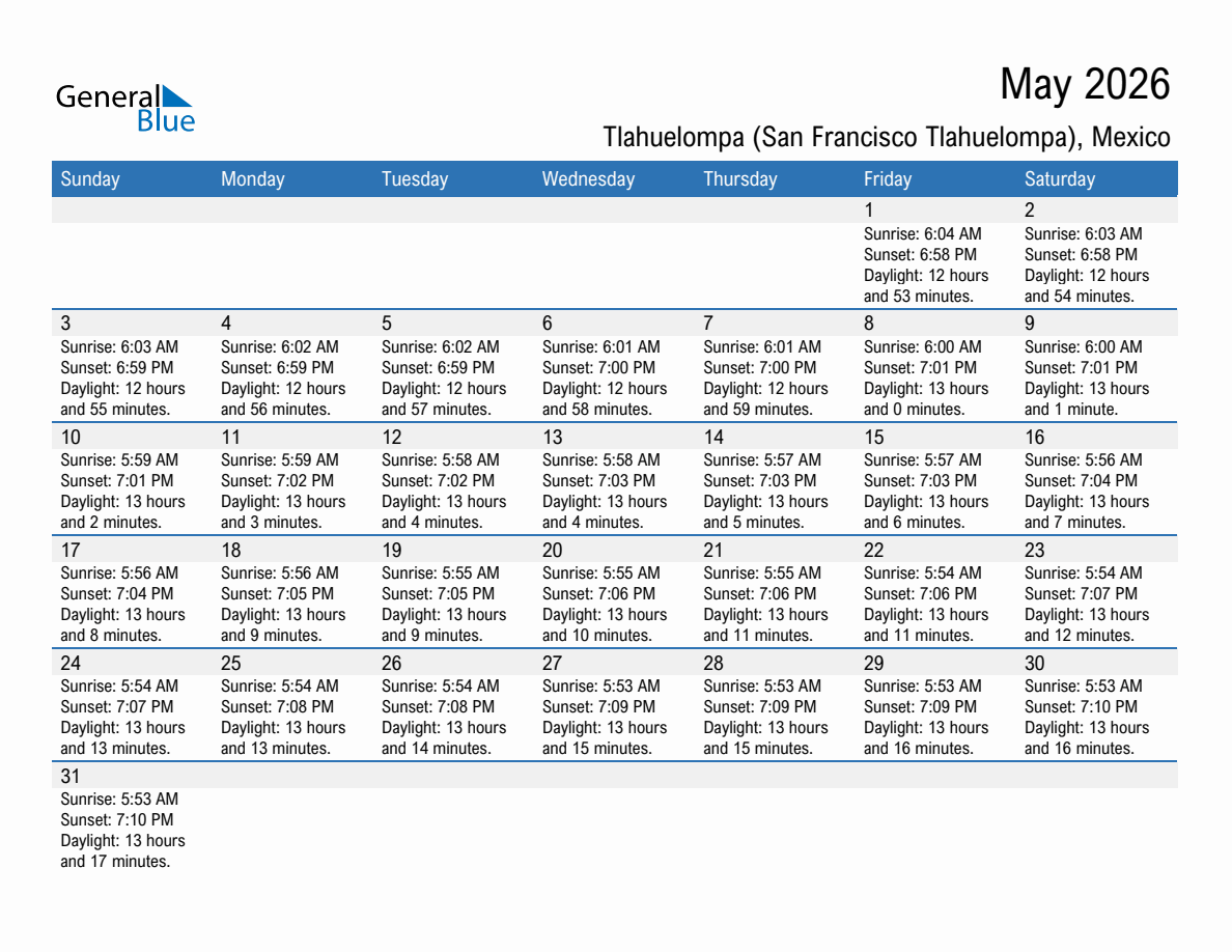 May 2026 sunrise and sunset calendar for Tlahuelompa (San Francisco Tlahuelompa)