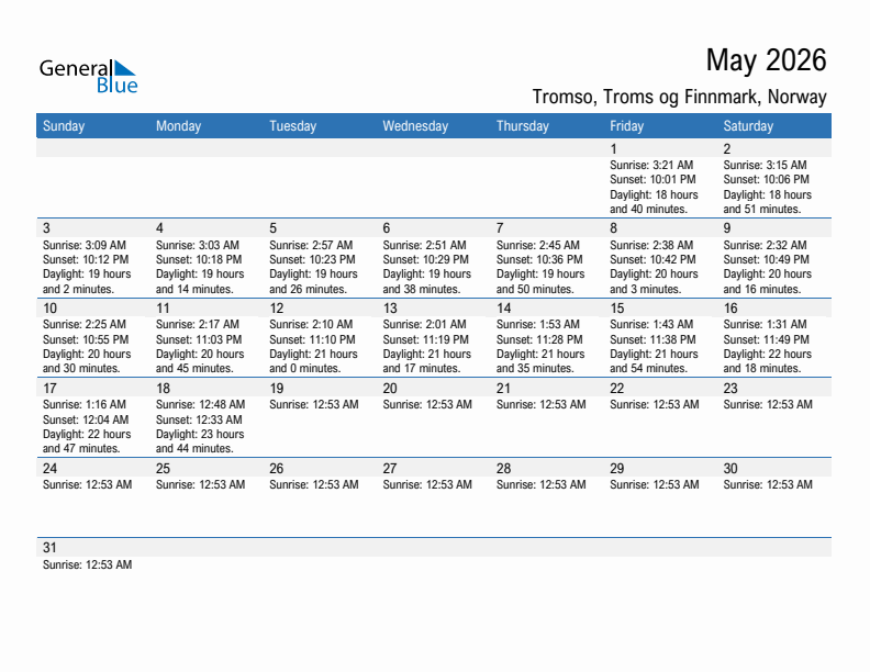 Tromso May 2026 sunrise and sunset calendar in PDF, Excel, and Word