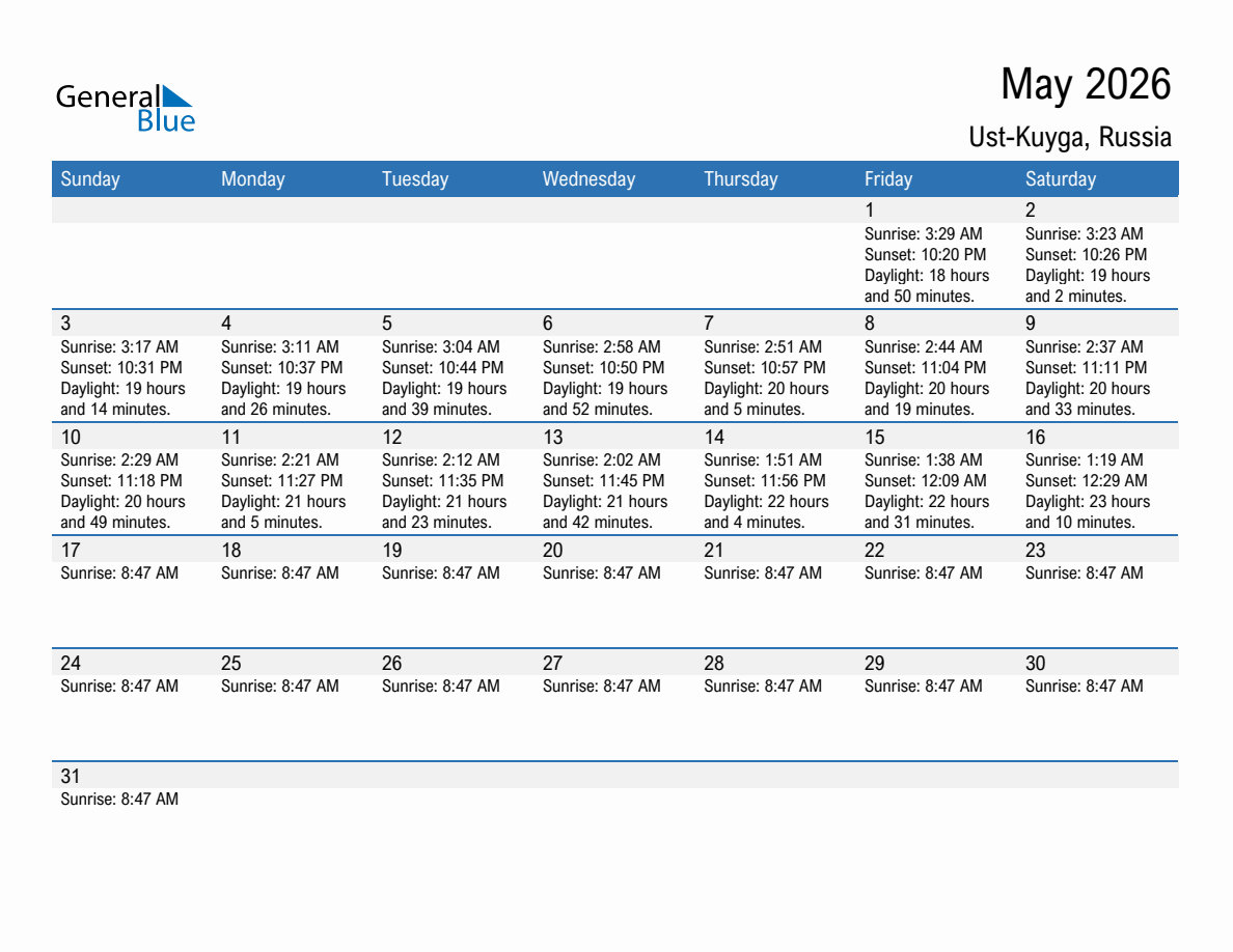 May 2026 sunrise and sunset calendar for Ust-Kuyga