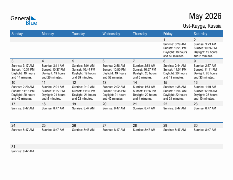 Ust-Kuyga May 2026 sunrise and sunset calendar in PDF, Excel, and Word