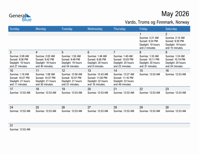 Vardo May 2026 sunrise and sunset calendar in PDF, Excel, and Word