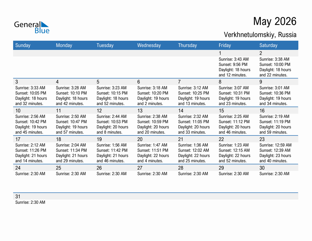 May 2026 sunrise and sunset calendar for Verkhnetulomskiy