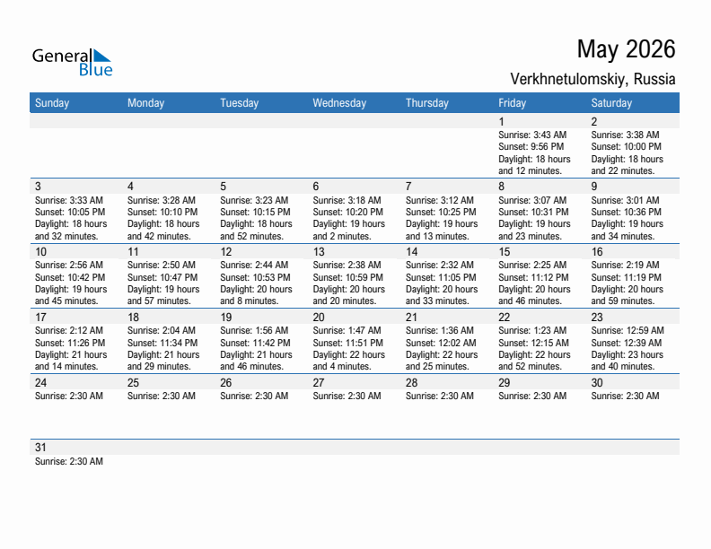 Verkhnetulomskiy May 2026 sunrise and sunset calendar in PDF, Excel, and Word