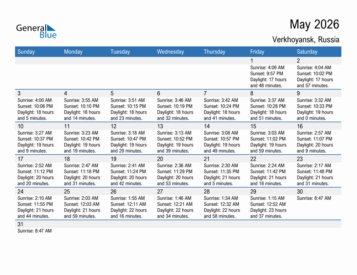 May 2026 sunrise and sunset calendar for Verkhoyansk