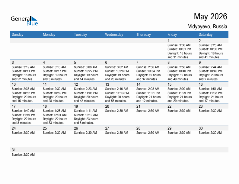 Vidyayevo May 2026 sunrise and sunset calendar in PDF, Excel, and Word