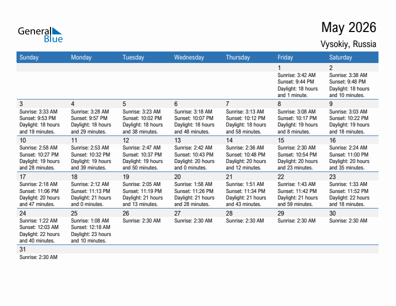 Vysokiy May 2026 sunrise and sunset calendar in PDF, Excel, and Word