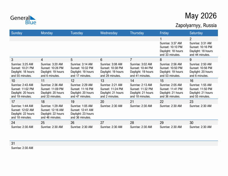 Zapolyarnyy May 2026 sunrise and sunset calendar in PDF, Excel, and Word