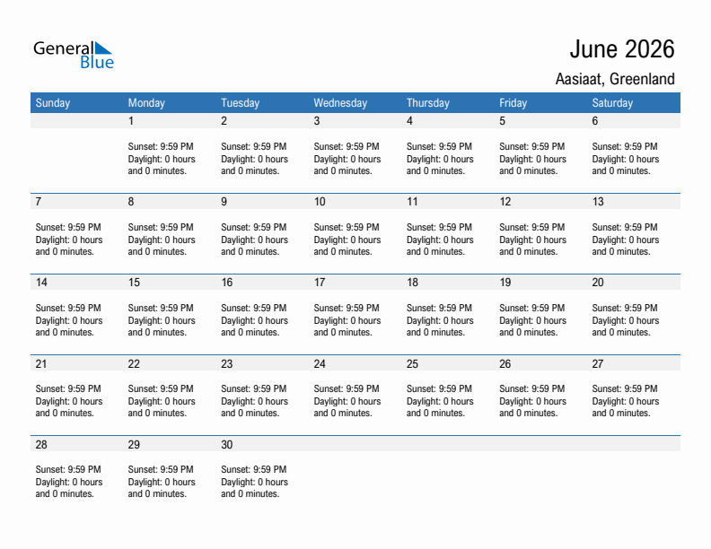 Aasiaat June 2026 sunrise and sunset calendar in PDF, Excel, and Word