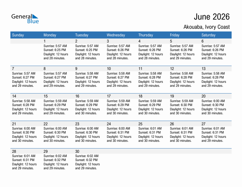 Akouaba June 2026 sunrise and sunset calendar in PDF, Excel, and Word