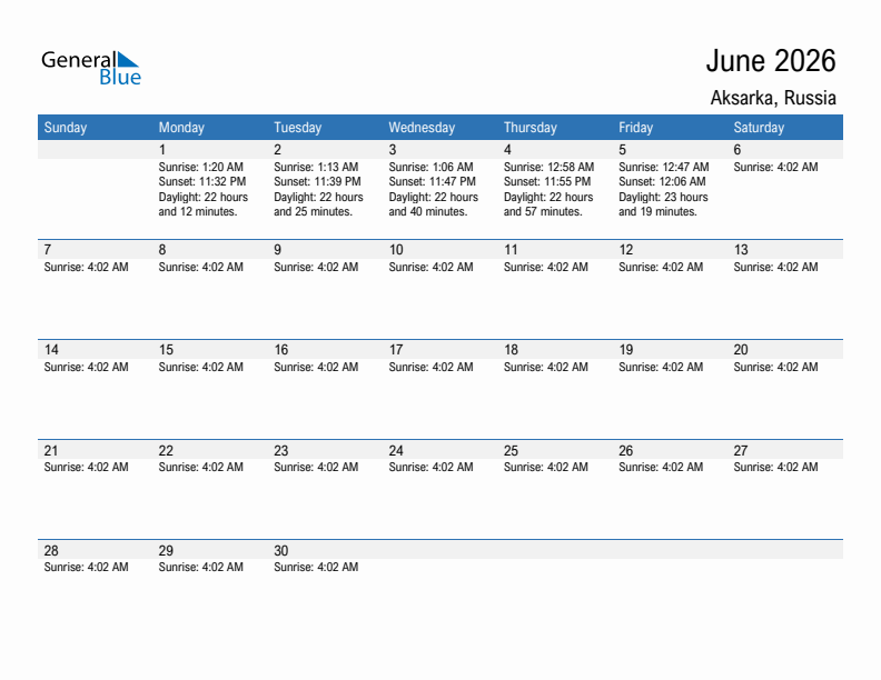Aksarka June 2026 sunrise and sunset calendar in PDF, Excel, and Word