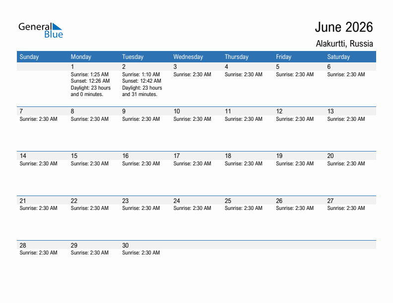 Alakurtti June 2026 sunrise and sunset calendar in PDF, Excel, and Word