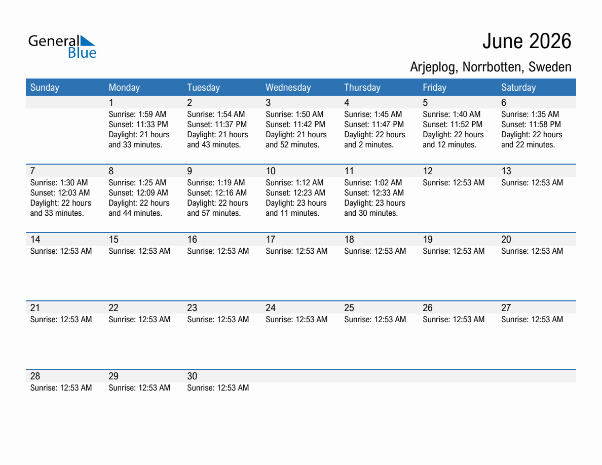 June 2026 sunrise and sunset calendar for Arjeplog