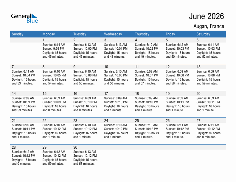 Augan June 2026 sunrise and sunset calendar in PDF, Excel, and Word