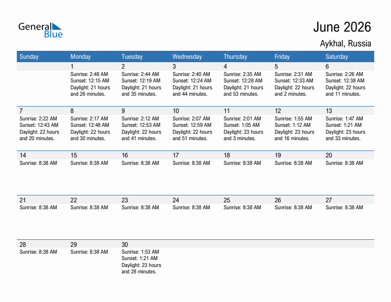 Aykhal June 2026 sunrise and sunset calendar in PDF, Excel, and Word