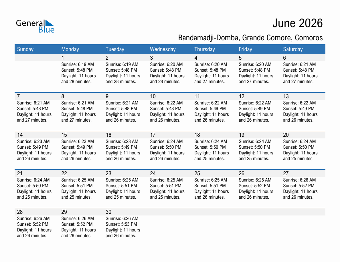 June 2026 sunrise and sunset calendar for Bandamadji-Domba