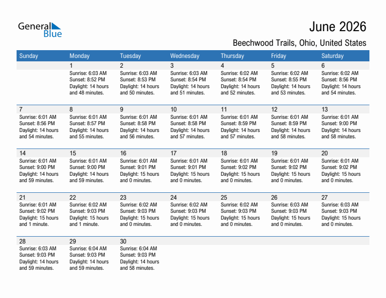 Beechwood Trails June 2026 sunrise and sunset calendar in PDF, Excel, and Word