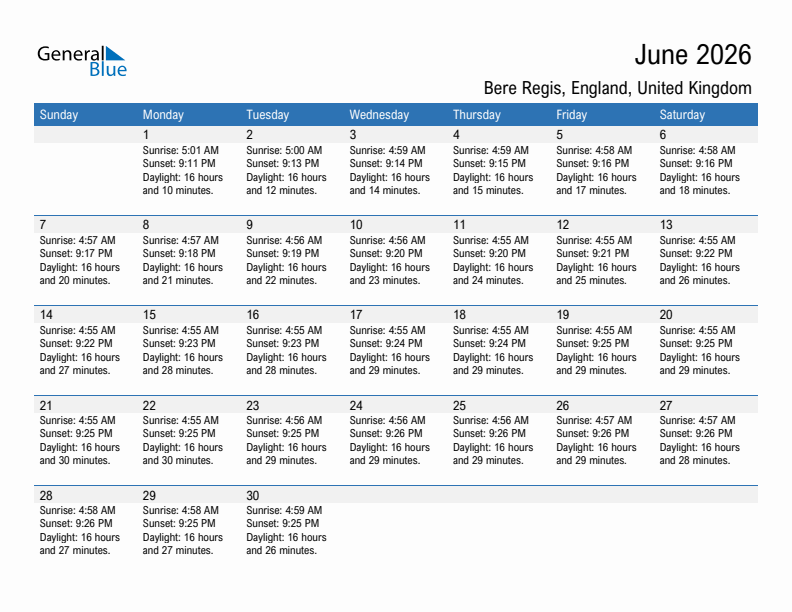 Bere Regis June 2026 sunrise and sunset calendar in PDF, Excel, and Word