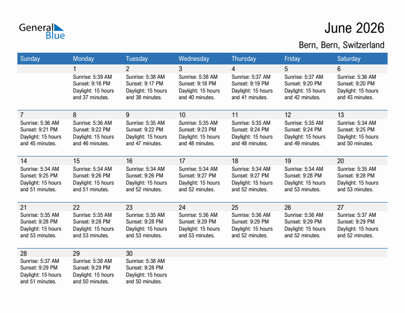 Bern June 2026 sunrise and sunset calendar in PDF, Excel, and Word