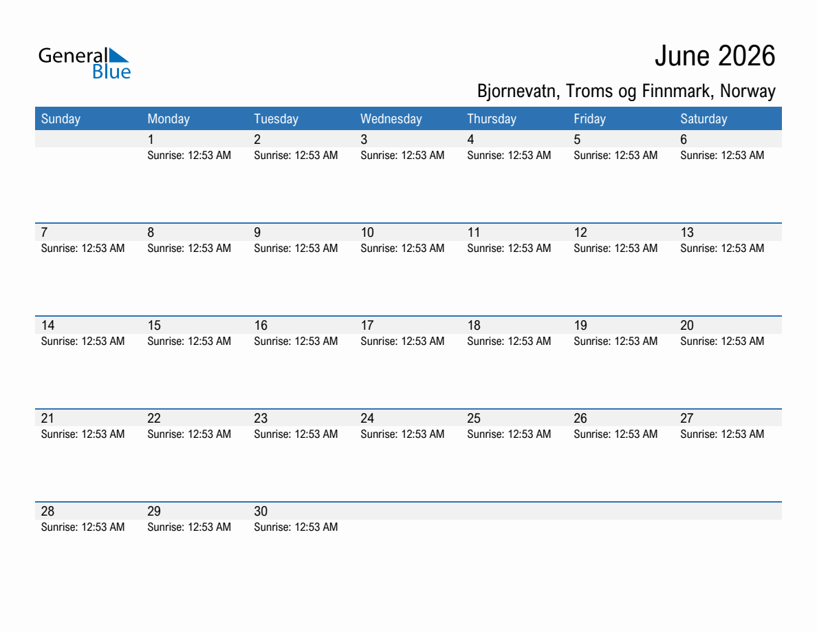 June 2026 sunrise and sunset calendar for Bjornevatn