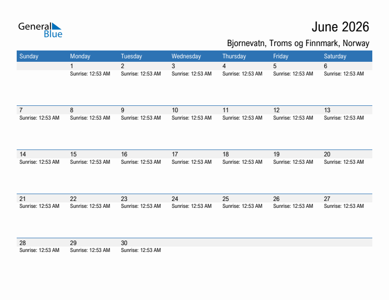 Bjornevatn June 2026 sunrise and sunset calendar in PDF, Excel, and Word
