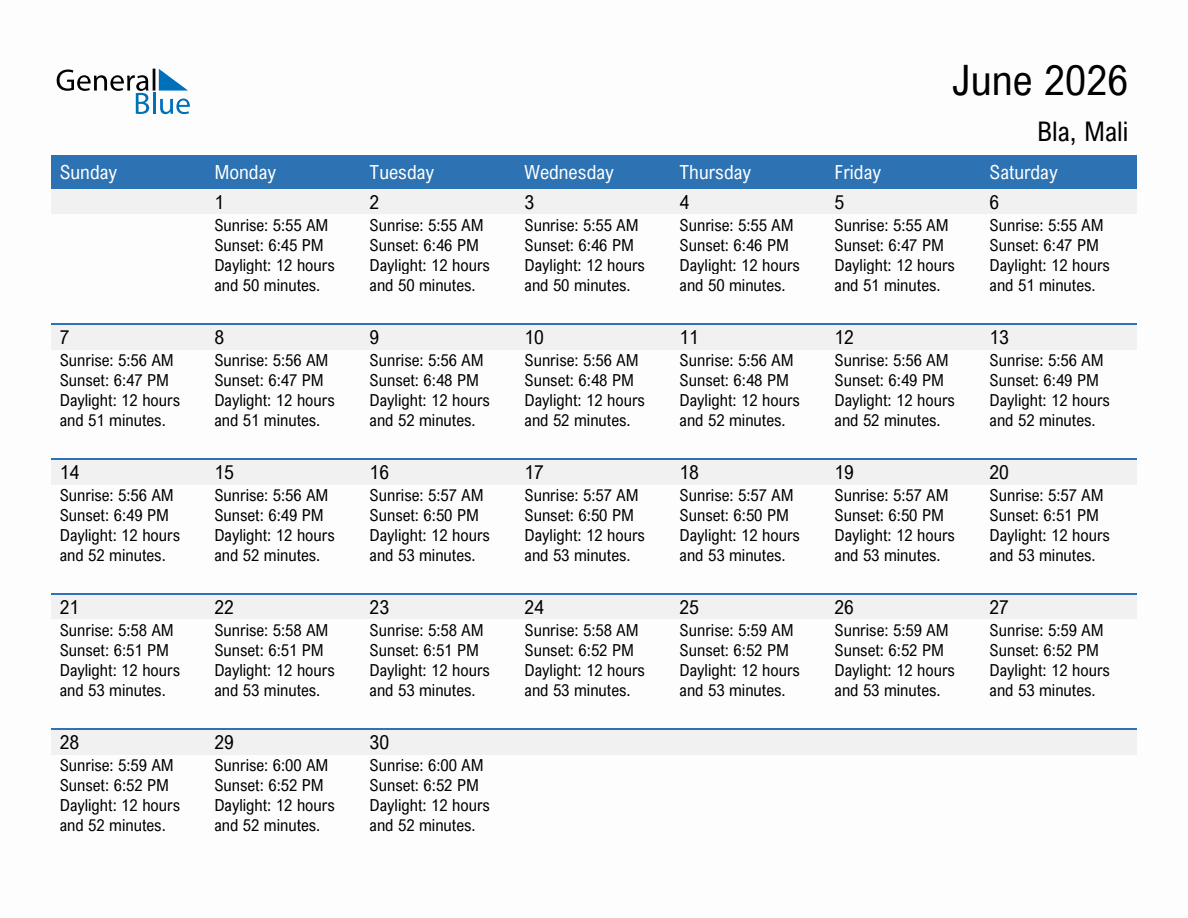 June 2026 sunrise and sunset calendar for Bla