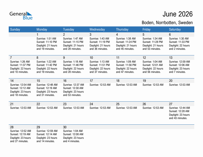 Boden June 2026 sunrise and sunset calendar in PDF, Excel, and Word