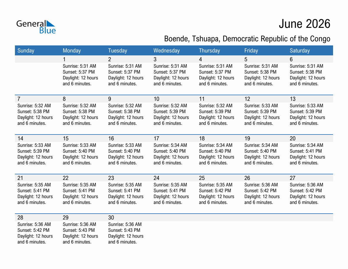 June 2026 sunrise and sunset calendar for Boende