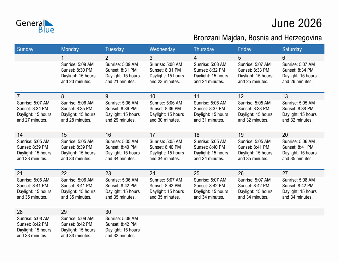 June 2026 sunrise and sunset calendar for Bronzani Majdan