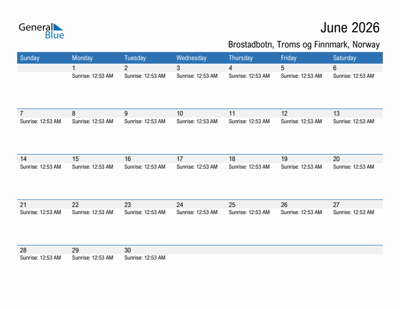 Brostadbotn June 2026 sunrise and sunset calendar in PDF, Excel, and Word