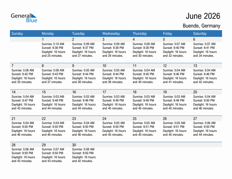Buende June 2026 sunrise and sunset calendar in PDF, Excel, and Word