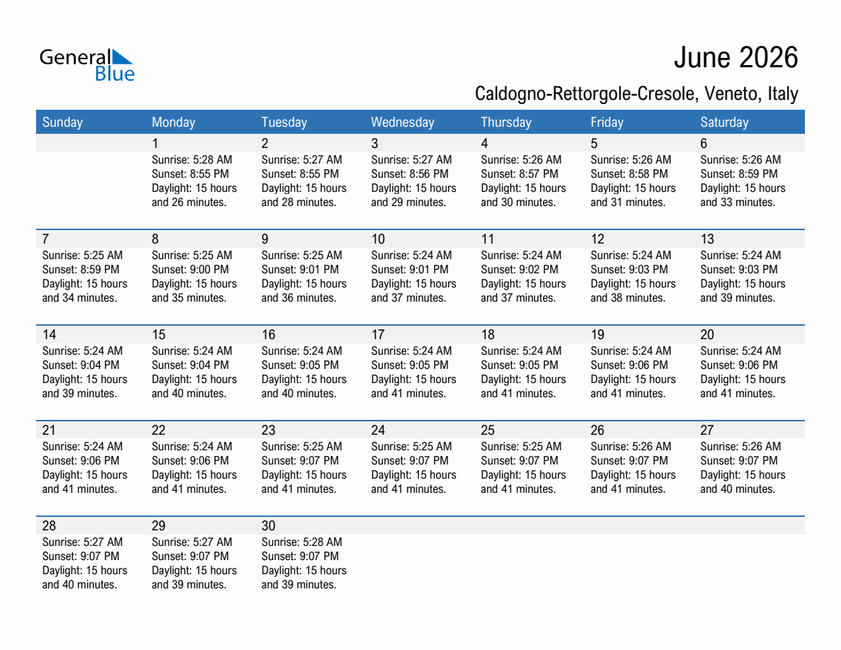 June 2026 sunrise and sunset calendar for Caldogno-Rettorgole-Cresole