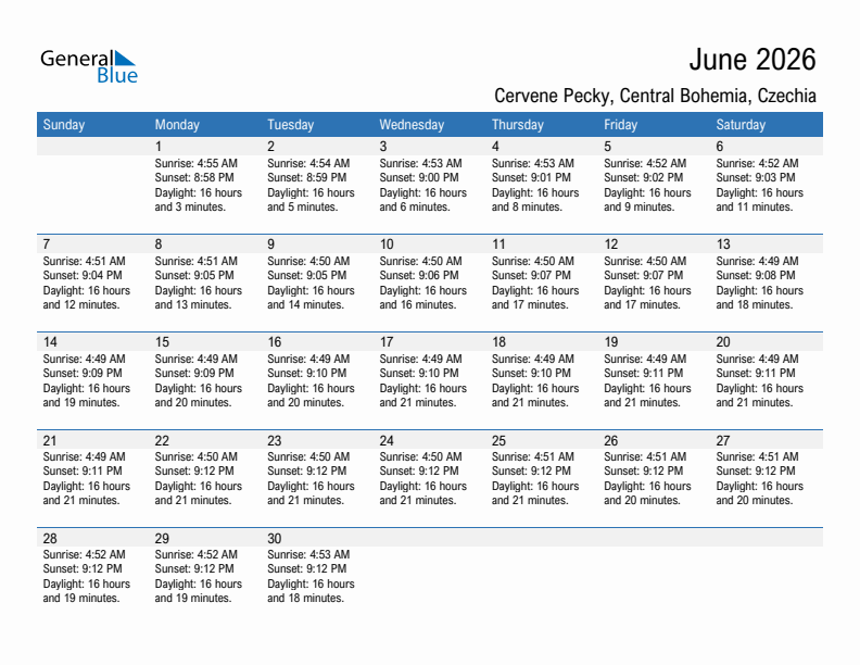 Cervene Pecky June 2026 sunrise and sunset calendar in PDF, Excel, and Word