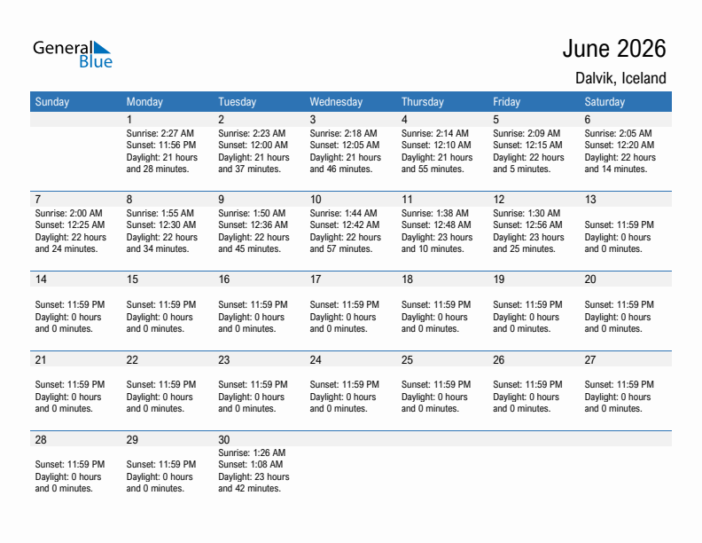 Dalvik June 2026 sunrise and sunset calendar in PDF, Excel, and Word