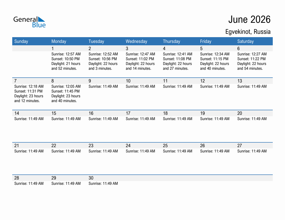 June 2026 sunrise and sunset calendar for Egvekinot