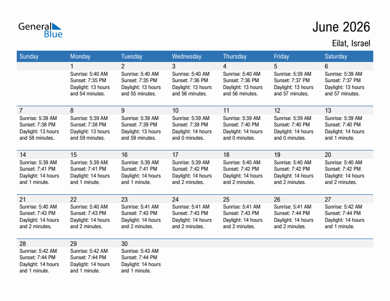 Eilat June 2026 sunrise and sunset calendar in PDF, Excel, and Word